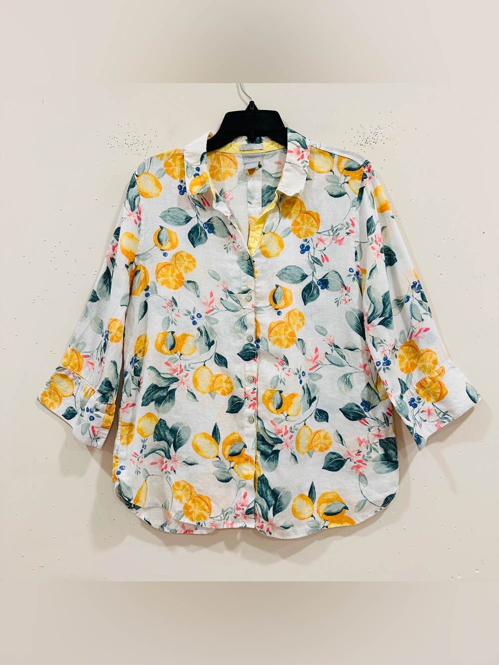 Chico's No Iron 100% Linen Lemon Fruit Print Blouse Shirt Size 2 US 12